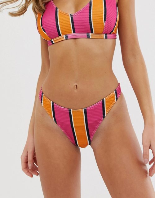 ASOS DESIGN rib high leg hipster bikini bottom in multi stripe