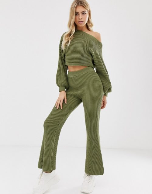 ASOS DESIGN ribbed co-ord trousers-Green