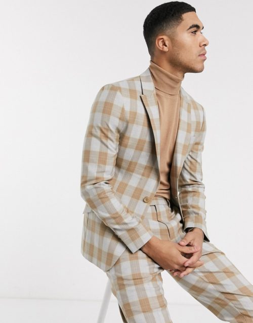 ASOS DESIGN skinny suit jacket in wool blend check in camel and grey-Beige