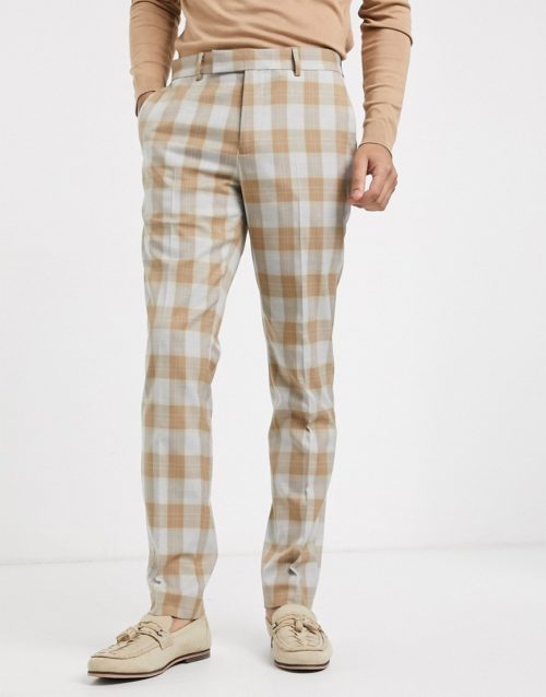 ASOS DESIGN skinny suit trousers in wool blend check in camel and grey-Beige
