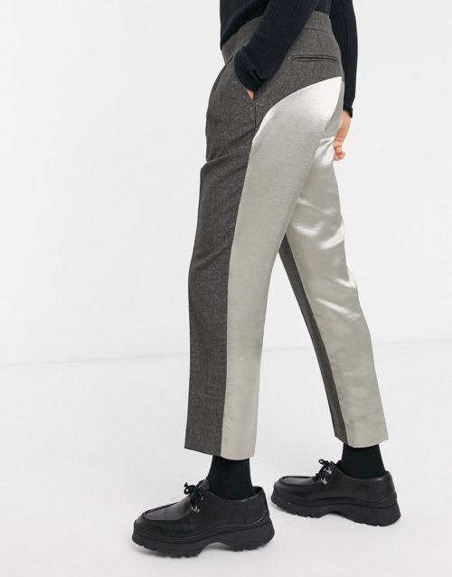 ASOS DESIGN slim crop smart trousers with wrap belt and contrast satin back in grey