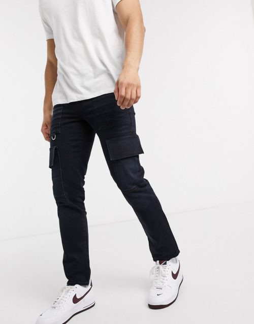 ASOS DESIGN slim jeans in dark blue with cargo pockets and D rings