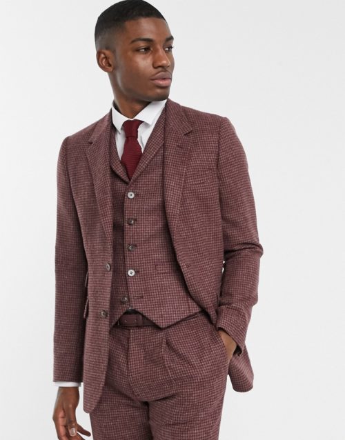 ASOS DESIGN slim suit jacket in burgundy and grey 100% lambswool puppytooth-Red