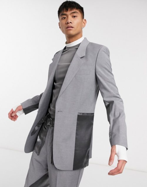 ASOS DESIGN slim suit jacket with cut and sew satin panels-Grey