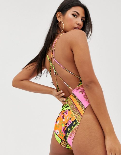 ASOS DESIGN strappy back high leg swimsuit in mixed scarf print-Multi