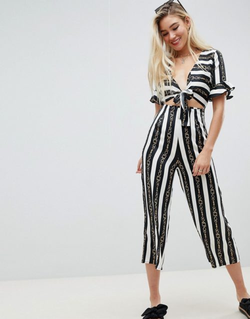 ASOS DESIGN tea jumpsuit with cut out and tie detail in chain print-Multi