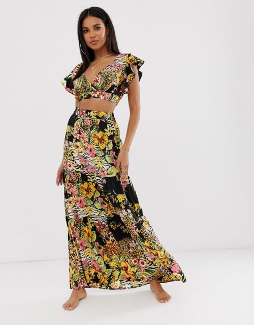 ASOS DESIGN tiered ruffle beach maxi skirt in glam safari tropical print co-ord-Multi