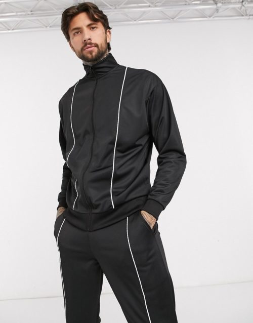 ASOS DESIGN tracksuit in poly tricot with piping in black
