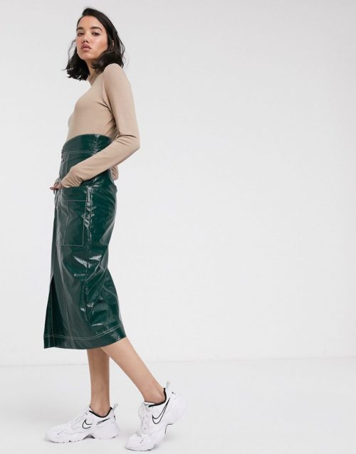 ASOS DESIGN vinyl pencil skirt with contrast stitch detail-Green