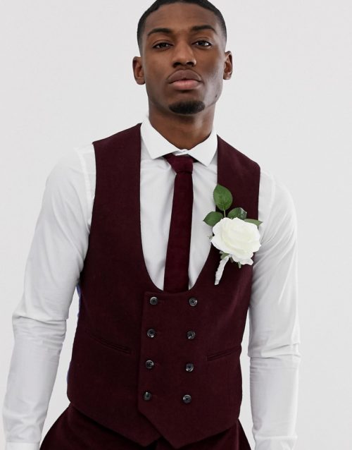 ASOS DESIGN wedding super skinny suit waistcoat in burgundy twill-Red