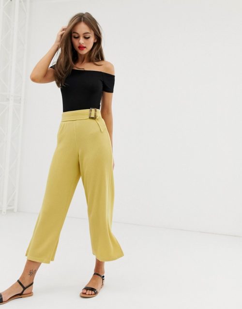 ASOS DESIGN wide leg culotte in textured rib with tortoiseshell buckle-Yellow