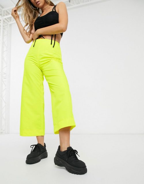 ASOS DESIGN wide leg shell trouser in bright yellow-Black