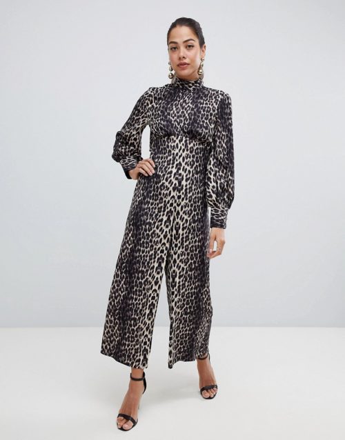 ASOS Design Jumpsuit with high neck and blouson sleeve in animal print-Multi