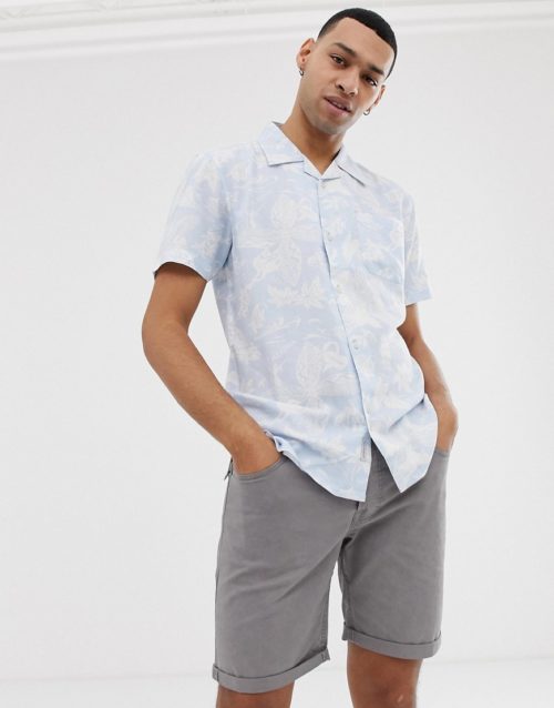 Bellfield shirt with leaf and fish print in powder blue