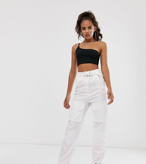 COLLUSION Tall paper bag waisted pocket trousers-White