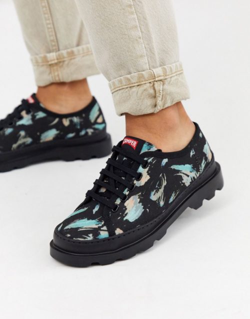 Camper Brutus lace up flat shoes in black print