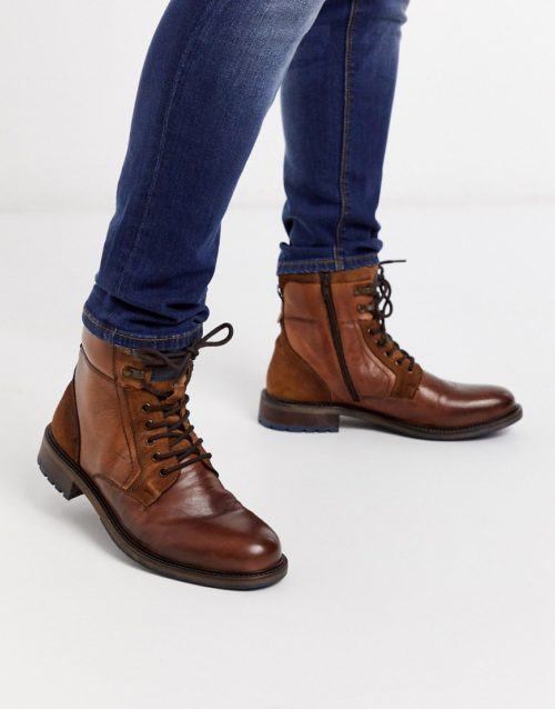 Dune leather chunky lace up boot in brown