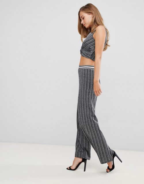 Flounce London high waisted trousers with elasticated waist in silver metallic
