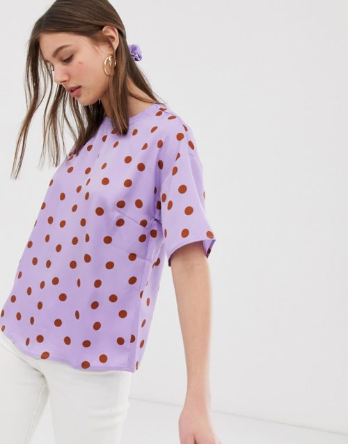 Gestuz Elsie sateen polka dot t-shirt with matching hair scrunchie-Purple