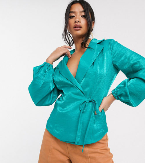 Glamorous Petite tailored blouse with tie front in luxe satin-Green