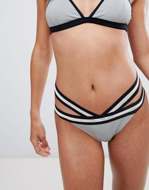Glamorous contrast elastic high leg bikini bottom in grey