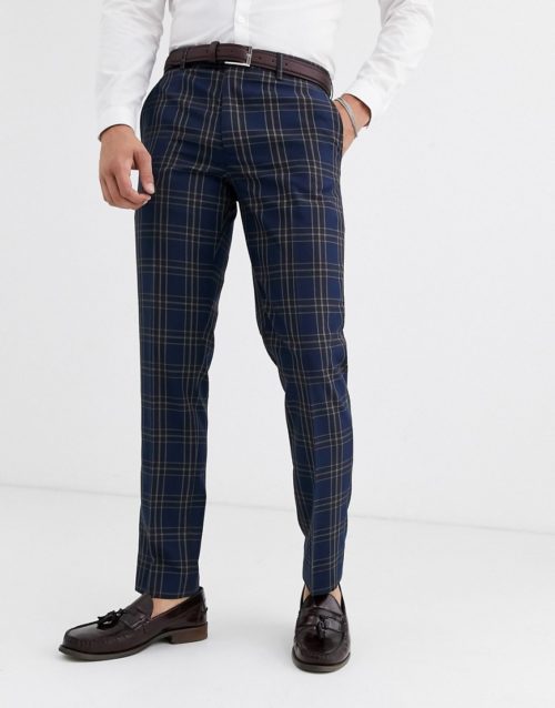 Harry Brown wedding slim fit blue and brown overcheck suit trousers-Navy