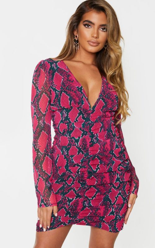 Hot Pink Snake Print Ruched Front Long Sleeve Bodycon Dress, Hot Pink