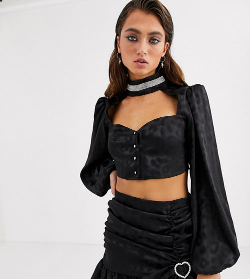 House Of Stars corset top with balloon sleeves and diamante collar co-ord-Black
