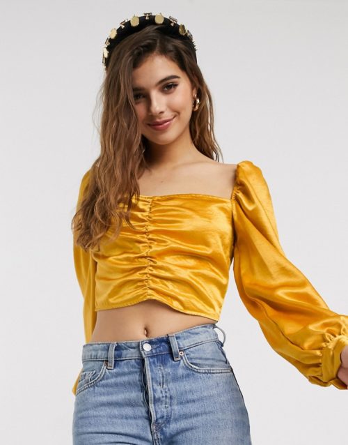 In The Style x Meg Kylie satin ruched front baloon sleeve crop top in gold