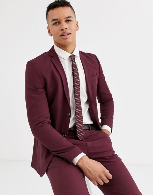 Jack & Jones Premium stretch plain suit jacket in burgundy-Red