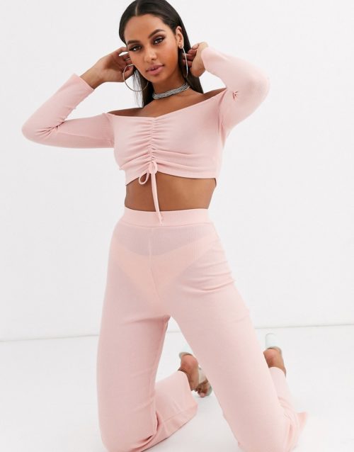 Lasula lounge ribbed trouser co ord in pink
