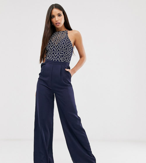 Little Mistress Tall geo lace top jumpsuit in navy