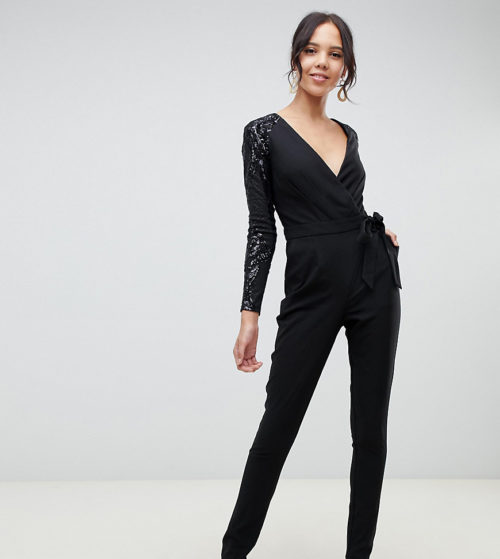 Little Mistress Tall sequin sleeves wrap front jumpsuit-Black