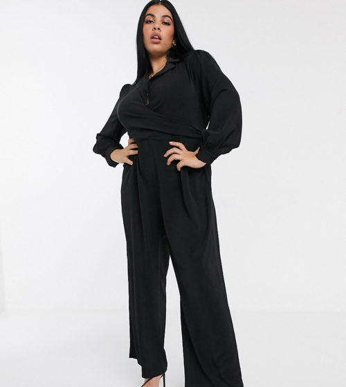 Lost Ink Plus tailored jumpsuit with wrap front-Black