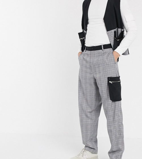 Noak wide leg trousers in check with contrast pockets-Grey
