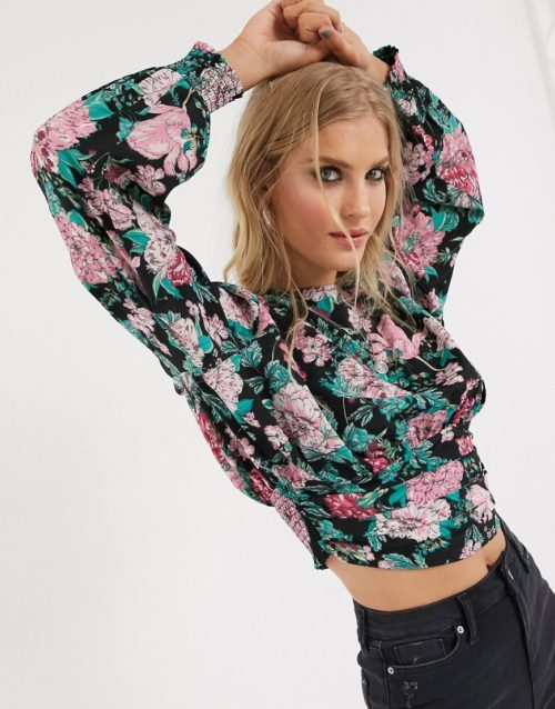 Only blouse with balloon sleeve in bold floral print-Multi