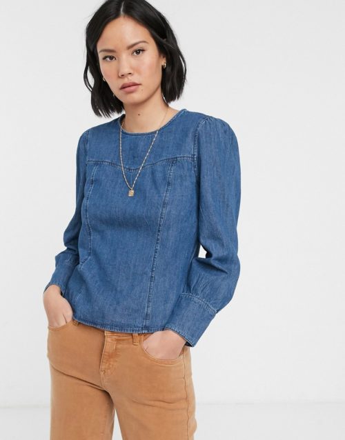 Only denim blouse with puff shoulder in blue