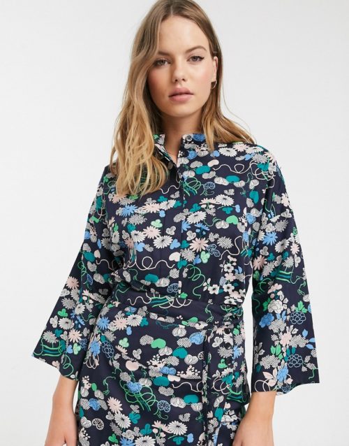 People Tree x V&A organic cotton kimono shirt in floral print co-ord-Blue