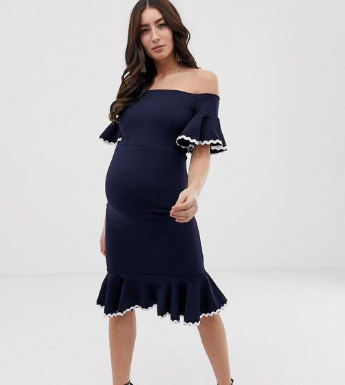 Queen Bee Maternity off shoulder pencil dress with fluted hem in navy-Multi