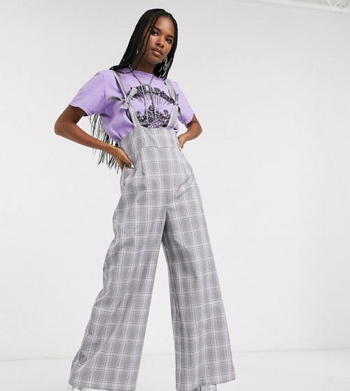 Reclaimed Vintage inspired braces jumpsuit with knot detail in lilac check-Multi