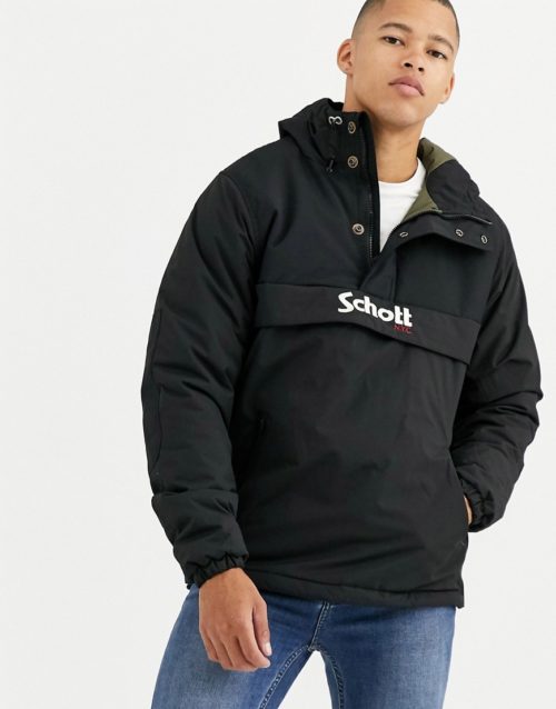 Schott Husky 18 insulated hooded overhead jacket slim fit in black