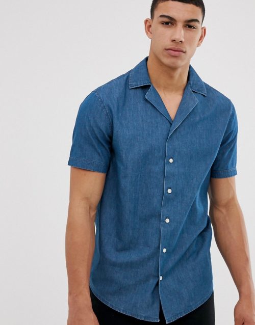 Solid slim fit shirt revere collar chambray-Blue