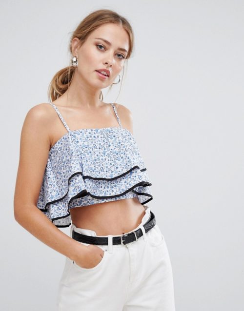 The English Factory Paisley Print Ruffle Crop Top With Tie-Blue