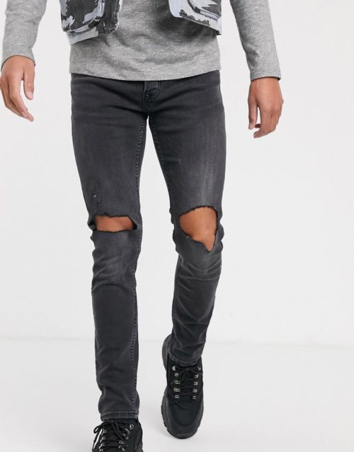 Topman skinny jeans with rips in washed black