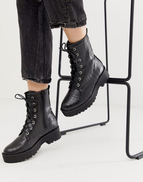 Truffle Collection lace up flat chunky boots in black