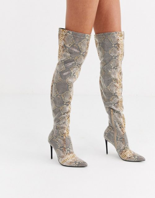 Truffle Collection stretch over the knee heeled boots in snake-Beige