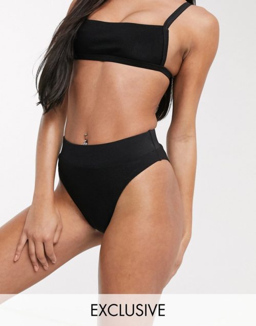 Twiin Exclusive high waist high leg bikini bottom in textured black