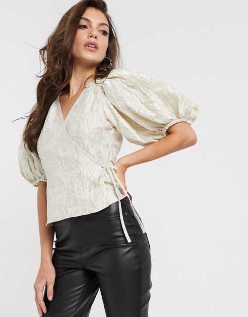 & Other Stories jacquard puff sleeve wrap blouse in off-white-Grey