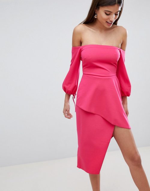 ASOS Bardot Midi Dress With Tiered Wrap Skirt-Pink