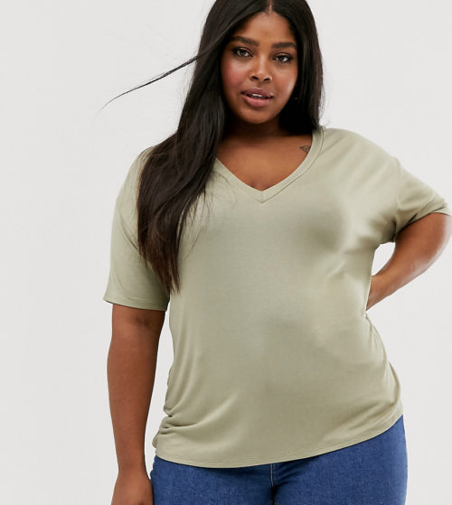 ASOS DESIGN Curve v neck oversized t-shirt in textured jersey in khaki-Green